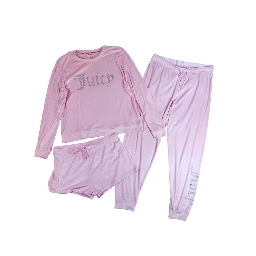 Juicy Couture Pink Velour 3 Piece Pajama Lounge Set Rhinestone Logo L